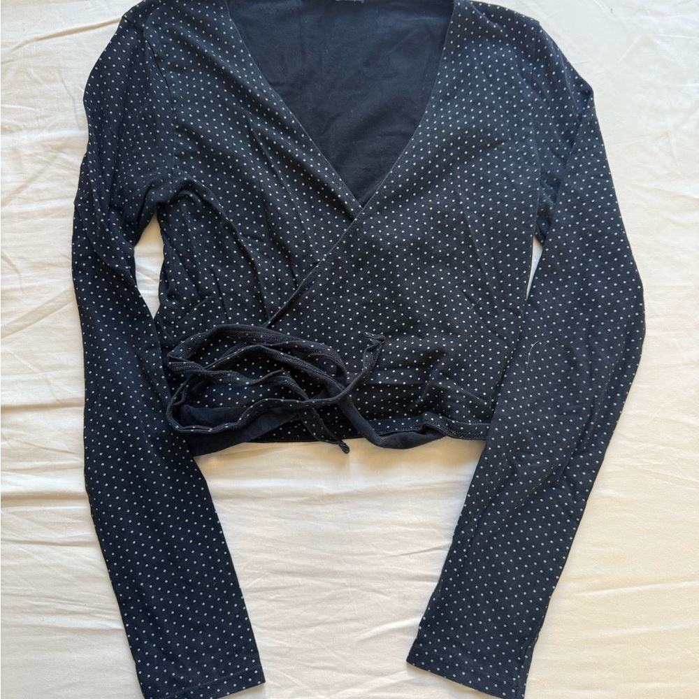 Brandy Melville Black Wrap Crop Top with White Dots